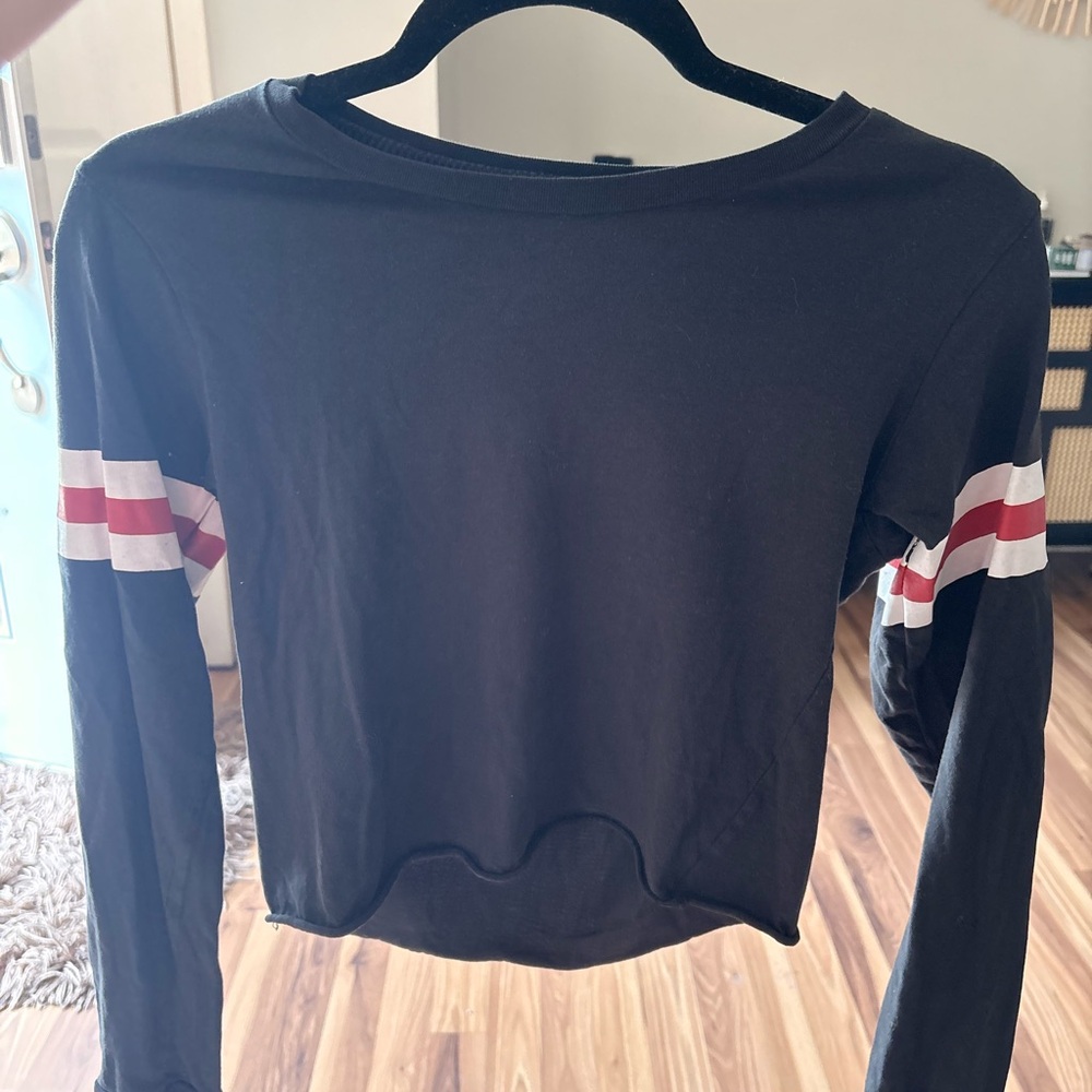 On Fire Black Crop Top with Red and White Sleeve Stripes
